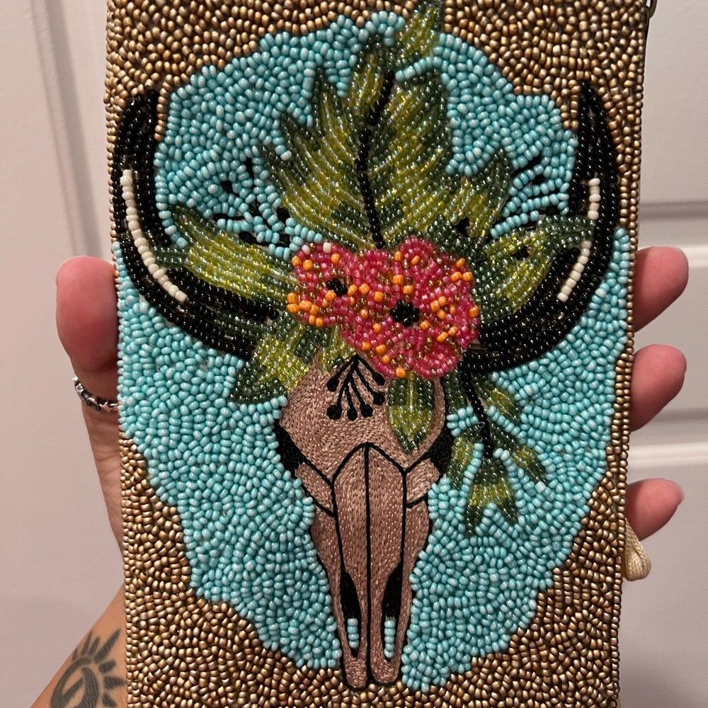 Beaded Bull Skull Clutch with Floral Design